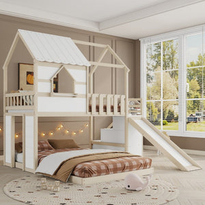 English Elm Kids Pine Wood Twin Loft Bed with Slide Playhouse Window and LED Strip Lights Beige, White - B W697S00053