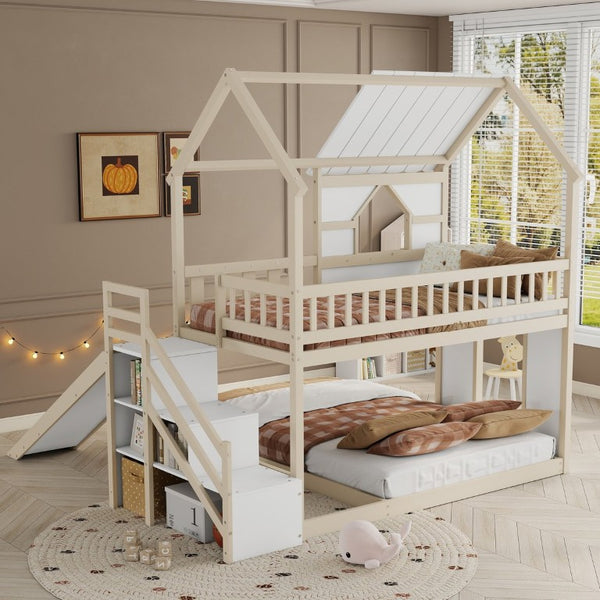 English Elm Kids Pine Wood Twin Loft Bed with Slide Playhouse Window and LED Strip Lights Beige, White - B W697S00053