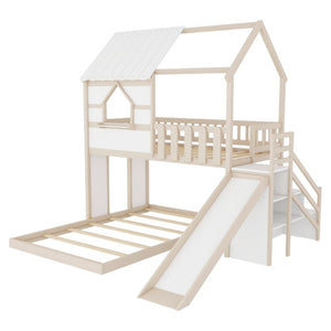 English Elm Kids Pine Wood Twin Loft Bed with Slide Playhouse Window and LED Strip Lights Beige, White - B W697S00053