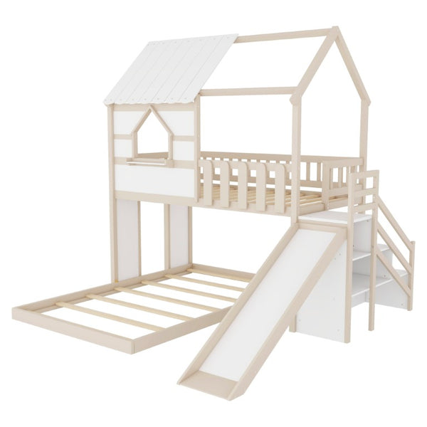 English Elm Kids Pine Wood Twin Loft Bed with Slide Playhouse Window and LED Strip Lights Beige, White - B W697S00053