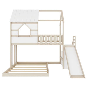 English Elm Kids Pine Wood Twin Loft Bed with Slide Playhouse Window and LED Strip Lights Beige, White - B W697S00053