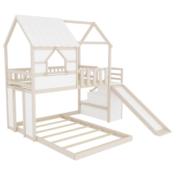 English Elm Kids Pine Wood Twin Loft Bed with Slide Playhouse Window and LED Strip Lights Beige, White - B W697S00053