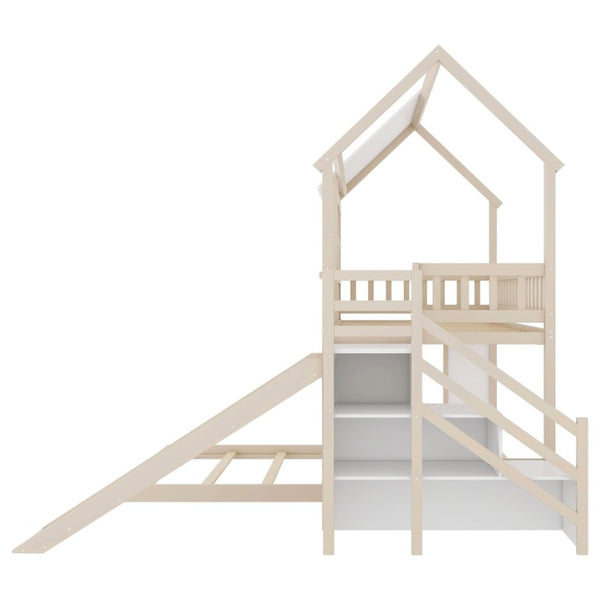 English Elm Kids Pine Wood Twin Loft Bed with Slide Playhouse Window and LED Strip Lights Beige, White - B W697S00053