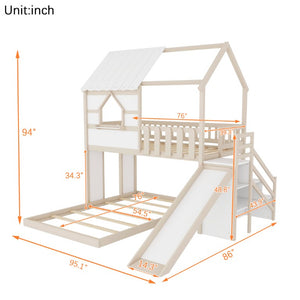 English Elm Kids Pine Wood Twin Loft Bed with Slide Playhouse Window and LED Strip Lights Beige, White - B W697S00053