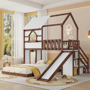 English Elm Kids Pine Wood Twin Loft Bed with Slide Playhouse Window and LED Strip Lights Walnut, White W697S00054