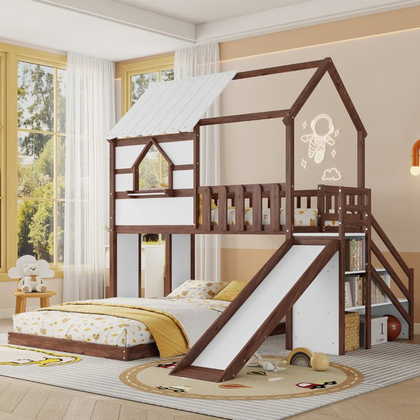 English Elm Kids Pine Wood Twin Loft Bed with Slide Playhouse Window and LED Strip Lights Walnut, White W697S00054
