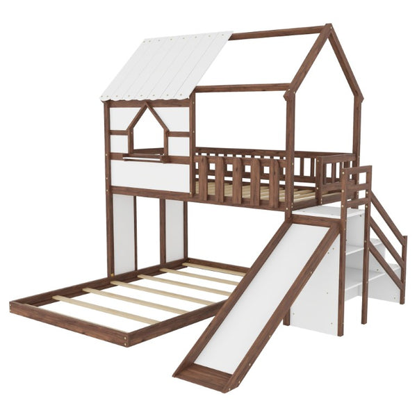 English Elm Kids Pine Wood Twin Loft Bed with Slide Playhouse Window and LED Strip Lights Walnut, White W697S00054