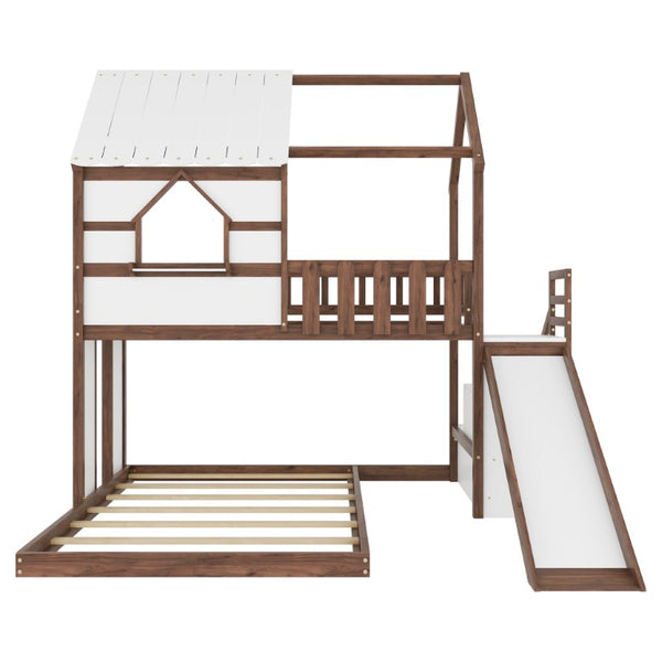 English Elm Kids Pine Wood Twin Loft Bed with Slide Playhouse Window and LED Strip Lights Walnut, White W697S00054