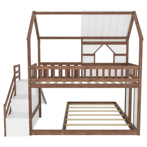 English Elm Kids Pine Wood Twin Loft Bed with Slide Playhouse Window and LED Strip Lights Walnut, White W697S00054