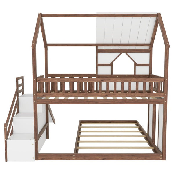 English Elm Kids Pine Wood Twin Loft Bed with Slide Playhouse Window and LED Strip Lights Walnut, White W697S00054