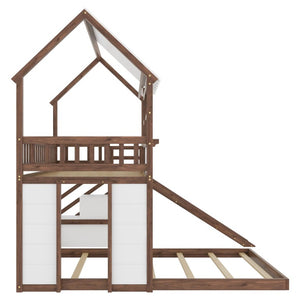 English Elm Kids Pine Wood Twin Loft Bed with Slide Playhouse Window and LED Strip Lights Walnut, White W697S00054