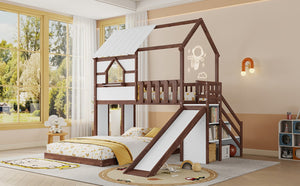 English Elm Kids Pine Wood Twin Loft Bed with Slide Playhouse Window and LED Strip Lights Walnut, White W697S00054