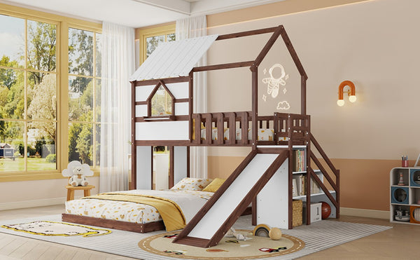 English Elm Kids Pine Wood Twin Loft Bed with Slide Playhouse Window and LED Strip Lights Walnut, White W697S00054