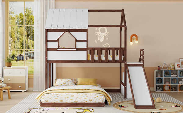 English Elm Kids Pine Wood Twin Loft Bed with Slide Playhouse Window and LED Strip Lights Walnut, White W697S00054