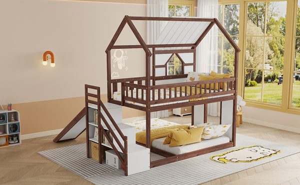 English Elm Kids Pine Wood Twin Loft Bed with Slide Playhouse Window and LED Strip Lights Walnut, White W697S00054
