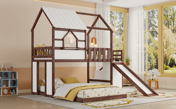 English Elm Kids Pine Wood Twin Loft Bed with Slide Playhouse Window and LED Strip Lights Walnut, White W697S00054