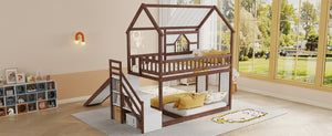 English Elm Kids Pine Wood Twin Loft Bed with Slide Playhouse Window and LED Strip Lights Walnut, White W697S00054