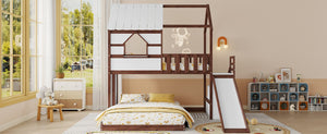 English Elm Kids Pine Wood Twin Loft Bed with Slide Playhouse Window and LED Strip Lights Walnut, White W697S00054
