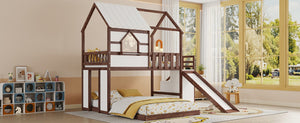 English Elm Kids Pine Wood Twin Loft Bed with Slide Playhouse Window and LED Strip Lights Walnut, White W697S00054