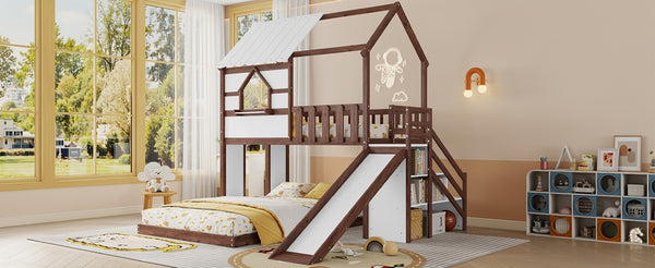 English Elm Kids Pine Wood Twin Loft Bed with Slide Playhouse Window and LED Strip Lights Walnut, White W697S00054