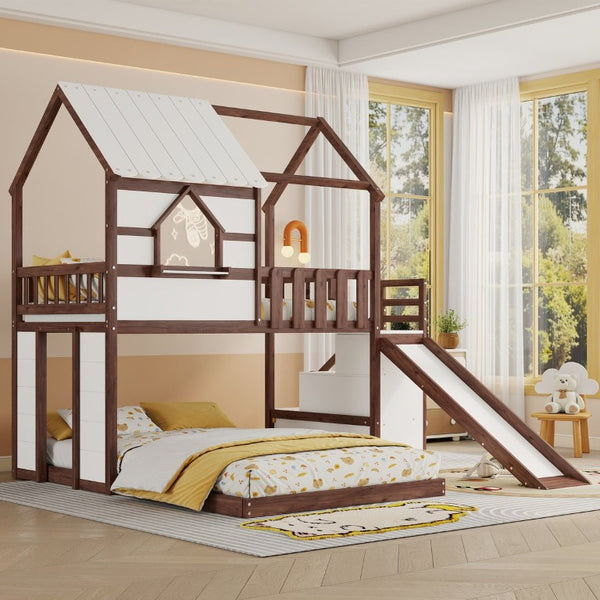 English Elm Kids Pine Wood Twin Loft Bed with Slide Playhouse Window and LED Strip Lights Walnut, White W697S00054