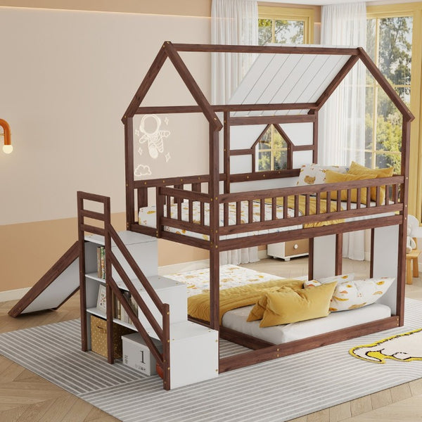 English Elm Kids Pine Wood Twin Loft Bed with Slide Playhouse Window and LED Strip Lights Walnut, White W697S00054