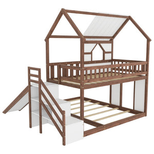 English Elm Kids Pine Wood Twin Loft Bed with Slide Playhouse Window and LED Strip Lights Walnut, White W697S00054