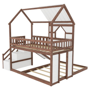 English Elm Kids Pine Wood Twin Loft Bed with Slide Playhouse Window and LED Strip Lights Walnut, White W697S00054