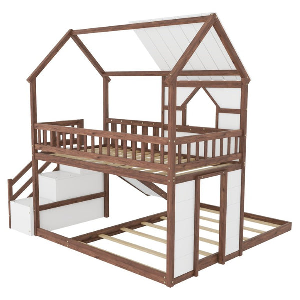 English Elm Kids Pine Wood Twin Loft Bed with Slide Playhouse Window and LED Strip Lights Walnut, White W697S00054