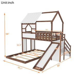 English Elm Kids Pine Wood Twin Loft Bed with Slide Playhouse Window and LED Strip Lights Walnut, White W697S00054