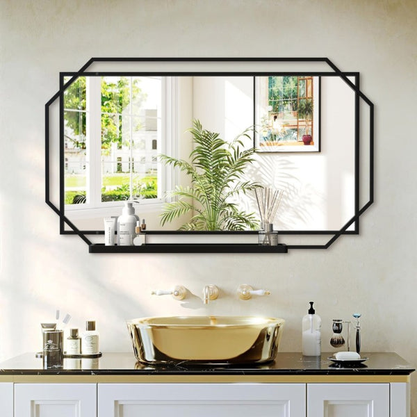 English Elm 21*36 Ines Matte Black Iron Frame Wall Mirror with Integrated Storage Shelf for Bath or Bedroom W708P421808