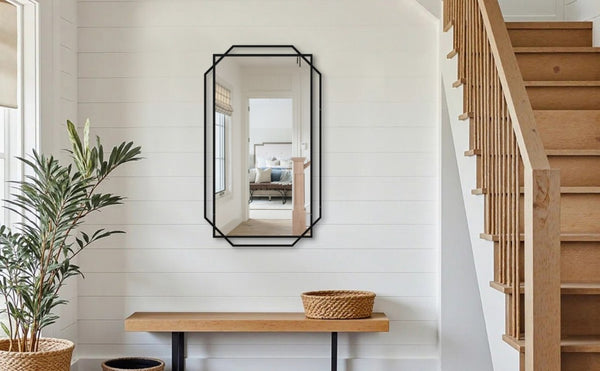 English Elm 21*36 Ines Matte Black Iron Frame Wall Mirror with Integrated Storage Shelf for Bath or Bedroom W708P421808