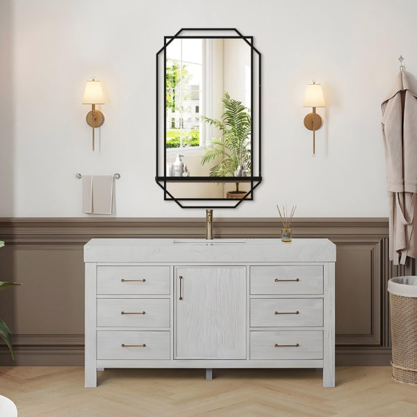 English Elm 21*36 Ines Matte Black Iron Frame Wall Mirror with Integrated Storage Shelf for Bath or Bedroom W708P421808