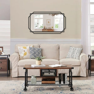 English Elm 21*36 Ines Matte Black Iron Frame Wall Mirror with Integrated Storage Shelf for Bath or Bedroom W708P421808