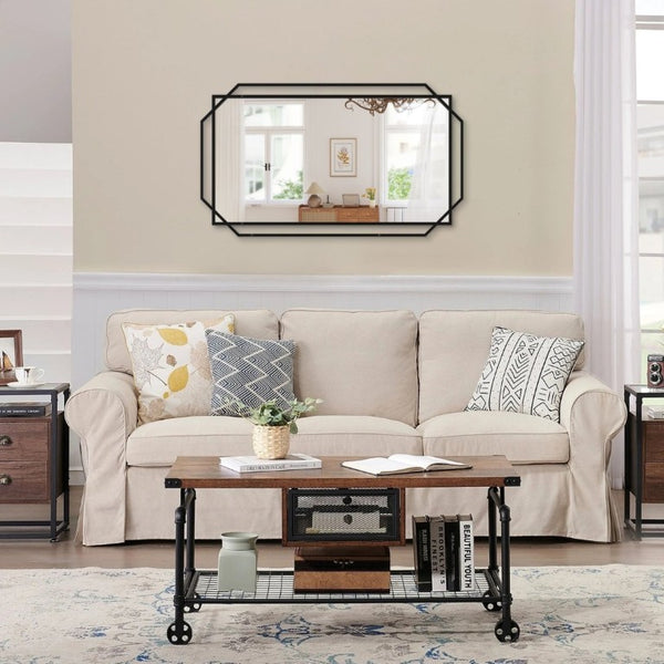 English Elm 21*36 Ines Matte Black Iron Frame Wall Mirror with Integrated Storage Shelf for Bath or Bedroom W708P421808