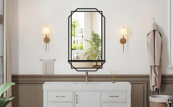 English Elm 21*36 Ines Iron Frame Wall Mirror with Integrated Shelf for Bathroom Bedroom Entryway Black - A W708P517341