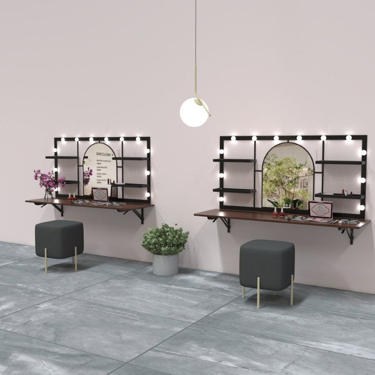English Elm Floating Wall Vanity with Arched LED Mirror Black Metal Frame Open Shelves W708P518062