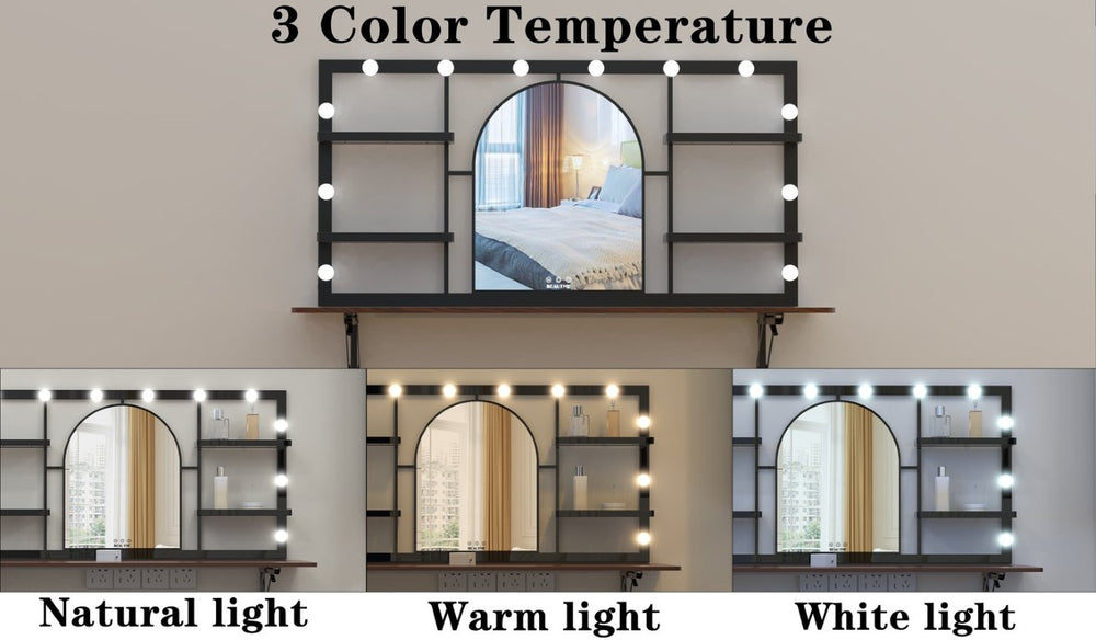 English Elm Floating Wall Vanity with Arched LED Mirror Black Metal Frame Open Shelves W708P518062