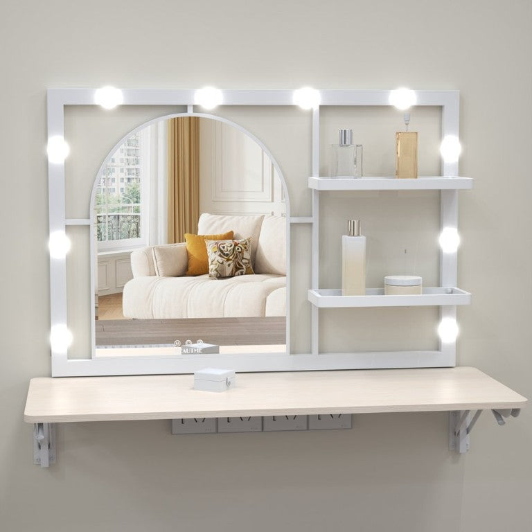 English Elm Floating Wall Vanity with Arched LED Mirror Metal Frame Open Shelves Bedroom W708P518069