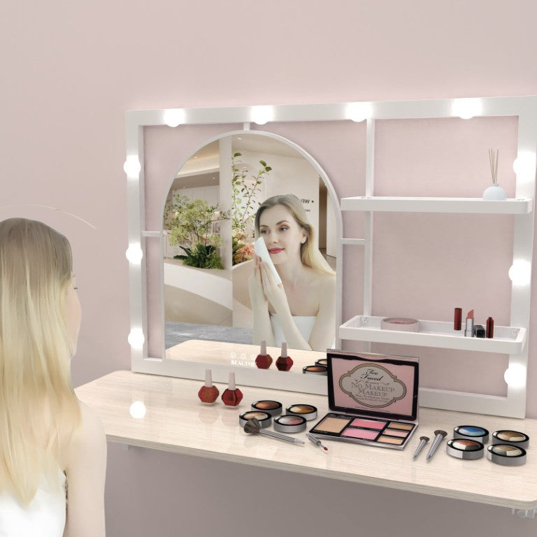 English Elm Floating Wall Vanity with Arched LED Mirror Metal Frame Open Shelves Bedroom W708P518069