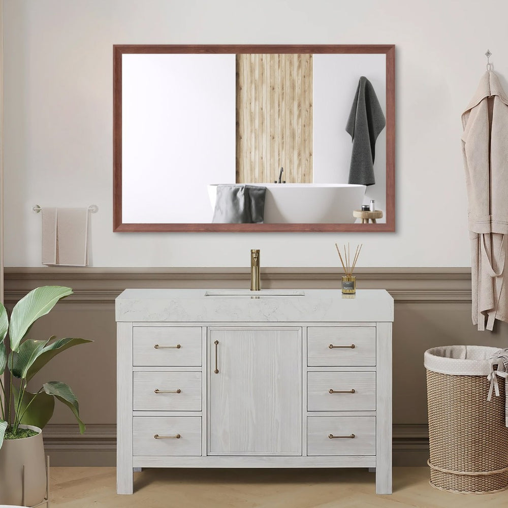 English Elm 40"x36" Aluminum Framed Wall Mirror Walnut Finish Slim Profile Versatile Bedroom Living W708P518073