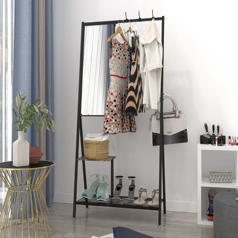 English Elm Coat Rack Hall Tree with Full Length Mirror Shoe Storage Industrial Metal Frame W708P588785