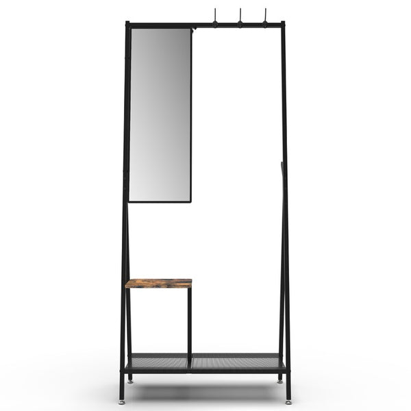 English Elm Coat Rack Hall Tree with Full Length Mirror Shoe Storage Industrial Metal Frame W708P588785