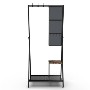 English Elm Coat Rack Hall Tree with Full Length Mirror Shoe Storage Industrial Metal Frame W708P588785