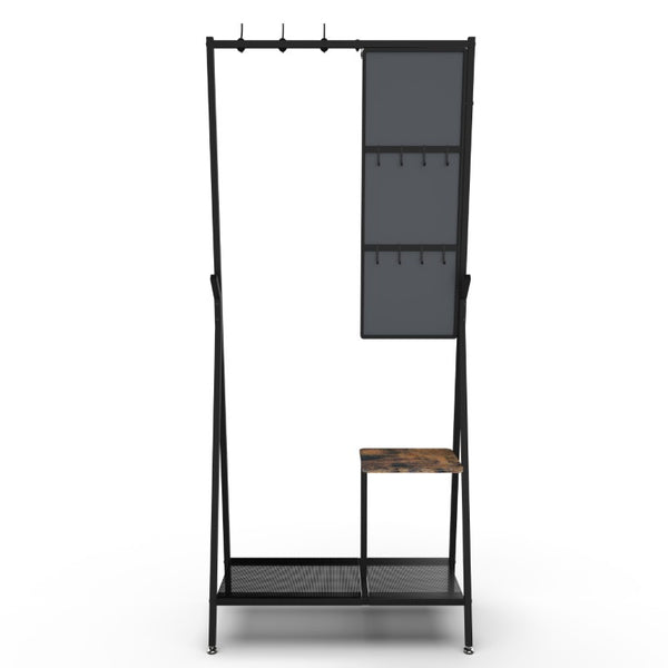 English Elm Coat Rack Hall Tree with Full Length Mirror Shoe Storage Industrial Metal Frame W708P588785