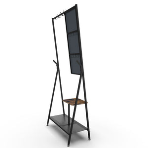 English Elm Coat Rack Hall Tree with Full Length Mirror Shoe Storage Industrial Metal Frame W708P588785