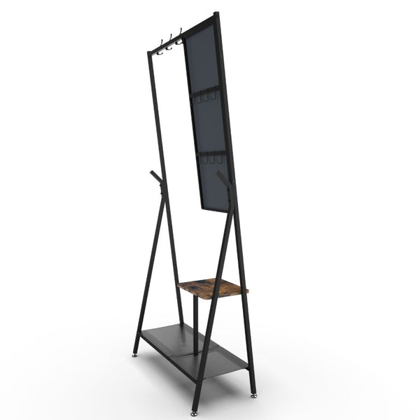 English Elm Coat Rack Hall Tree with Full Length Mirror Shoe Storage Industrial Metal Frame W708P588785