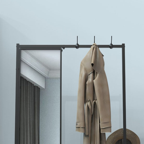 English Elm Coat Rack Hall Tree with Full Length Mirror Shoe Storage Industrial Metal Frame W708P588785