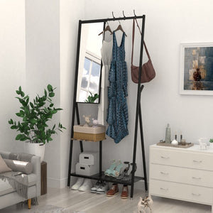 English Elm Coat Rack Hall Tree with Full Length Mirror Shoe Storage Industrial Metal Frame W708P588785