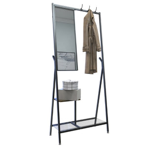 English Elm Coat Rack Hall Tree with Full Length Mirror Shoe Storage Industrial Metal Frame W708P588785